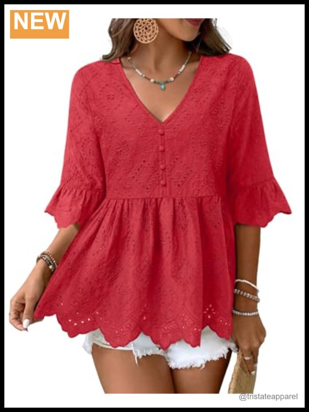 Women's Boho Eyelet Embroidered Ruffle Sleeve Blouse Cotton Peasant Babydoll Top
